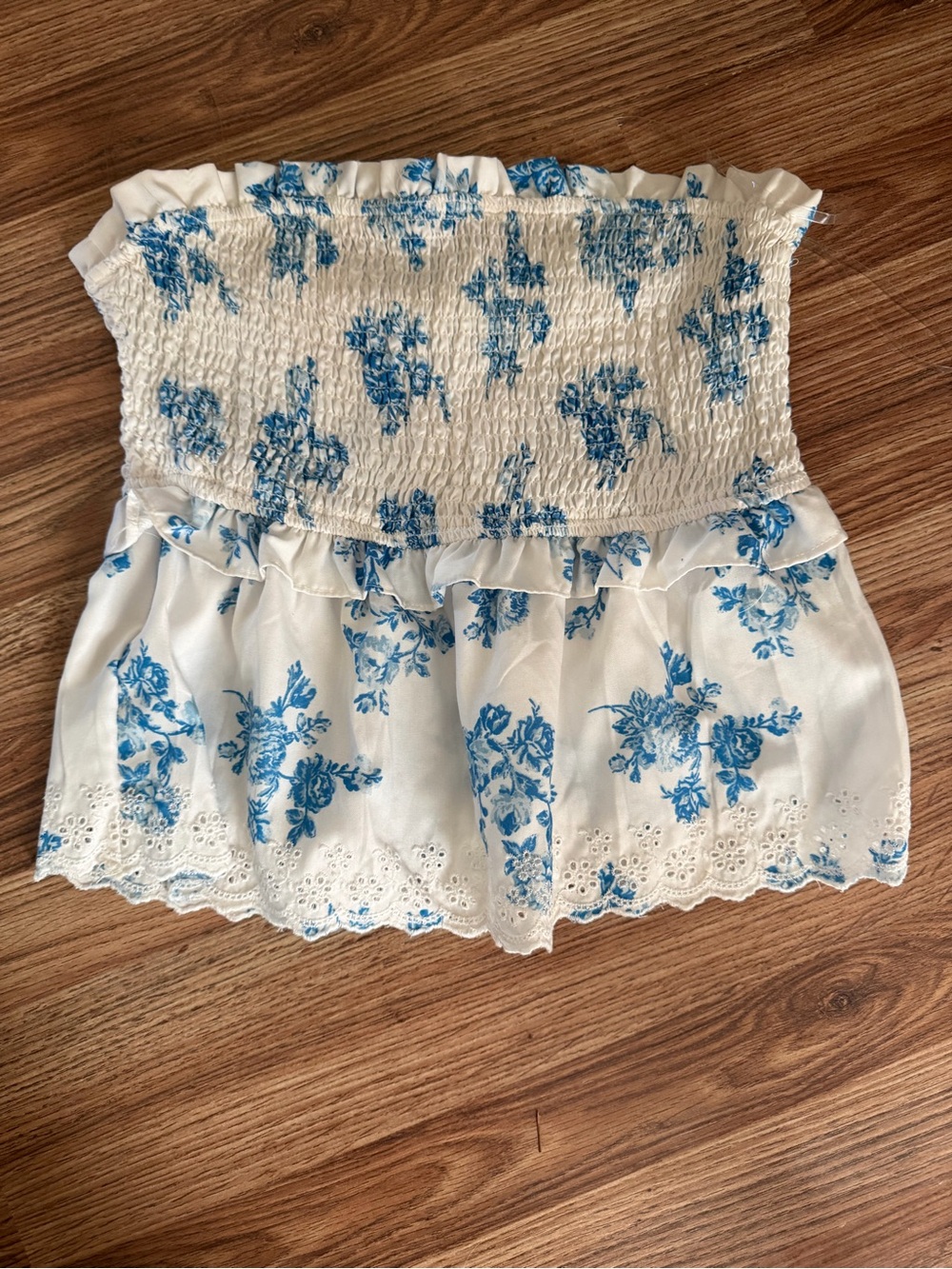 Blush White Strapless Smocked Tank with Blue Floral Print